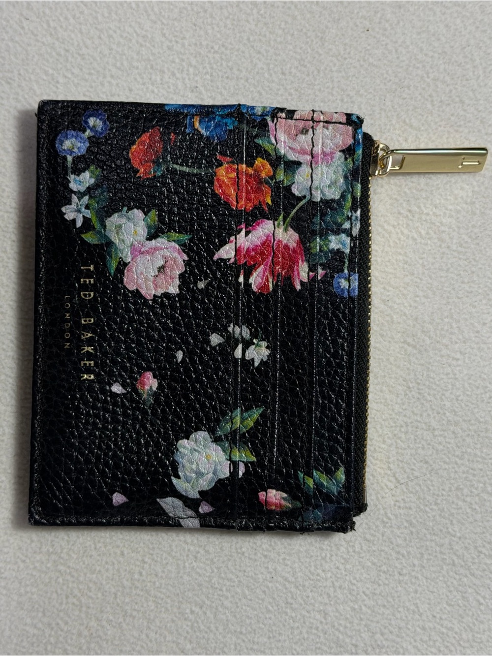 Ted Baker Black Floral Zip Card Holder with Gold Zip
